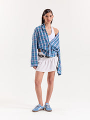 Blue Green & White Checkered Cropped Poplin Shirt